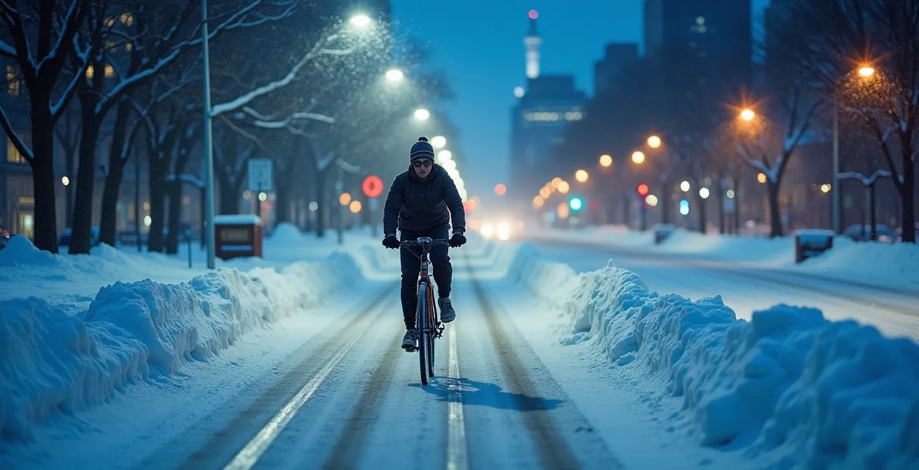 Cycliste pédalant sur une piste cyclable enneigée du REV avec les lumières de la ville en arrière-plan