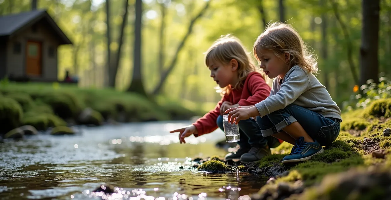 Enfants découvrant la nature lors d'une activité au chalet familial québécois, incarnant la biophilie.