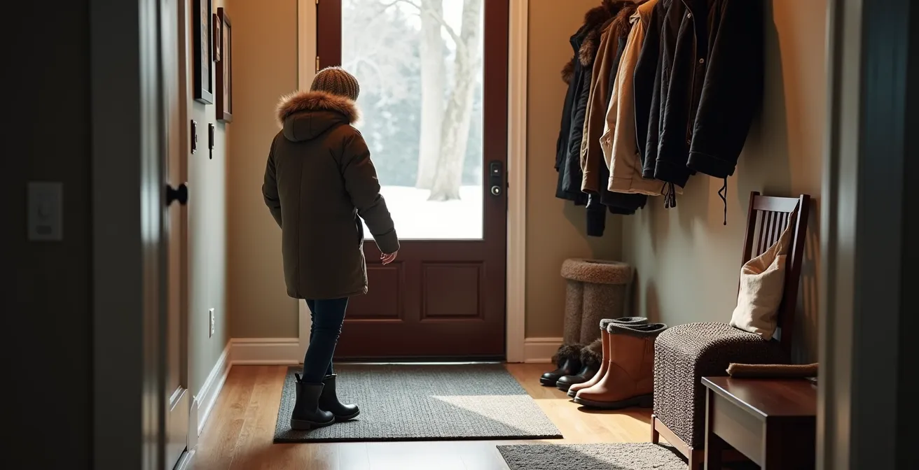 Entrée de maison québécoise avec système deux zones montrant espace bottes mouillées et rangement manteaux secs