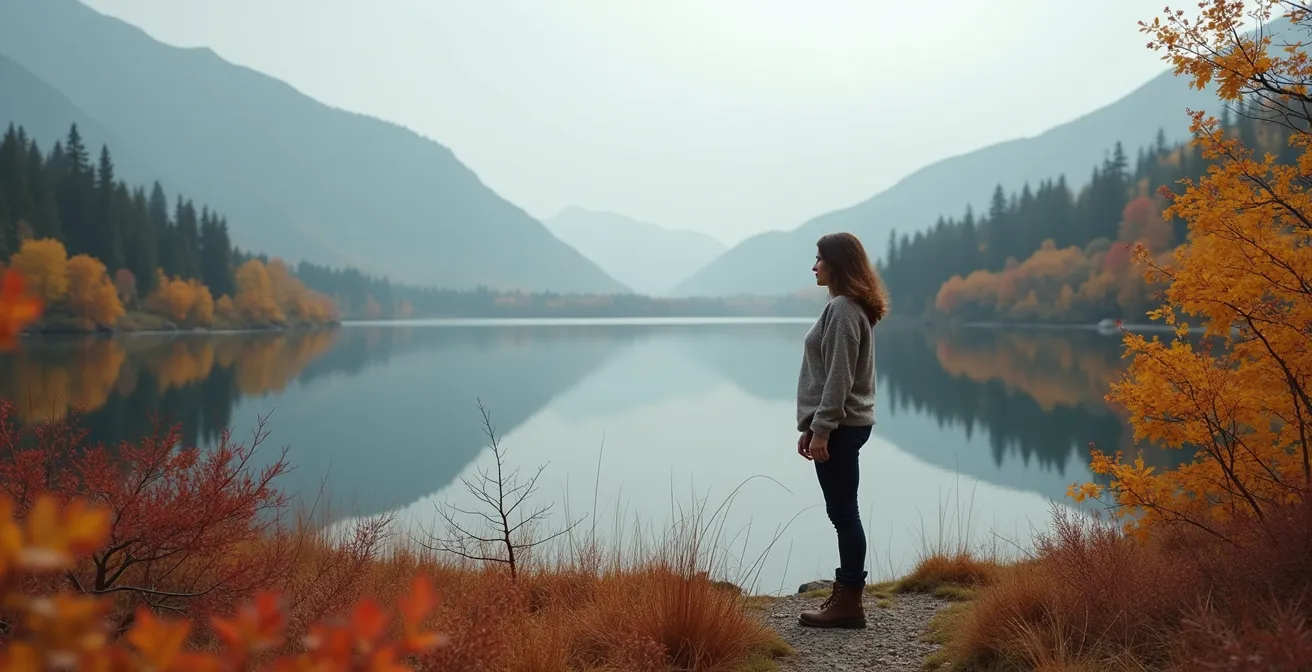 Femme québécoise en pleine nature dans un parc de la Sépaq, déconnectée et sereine