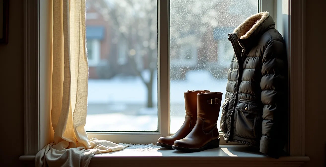 Comparaison visuelle entre une garde-robe inadaptée et une garde-robe adaptée au climat québécois