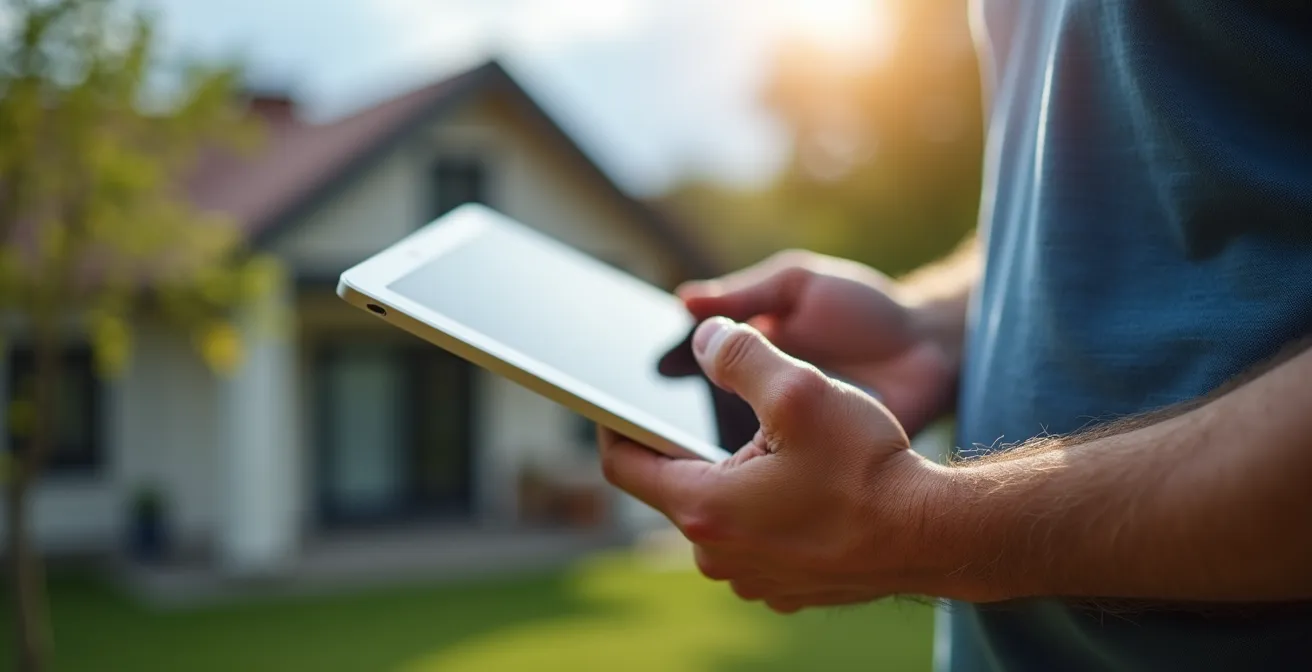 Mains d'un propriétaire tenant une tablette, évaluant le potentiel solaire de son toit avec un regard concentré.