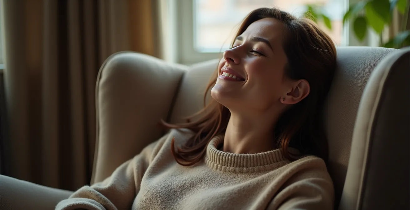 Portrait émotionnel d'une personne contemplant avec bonheur dans son fauteuil design favori