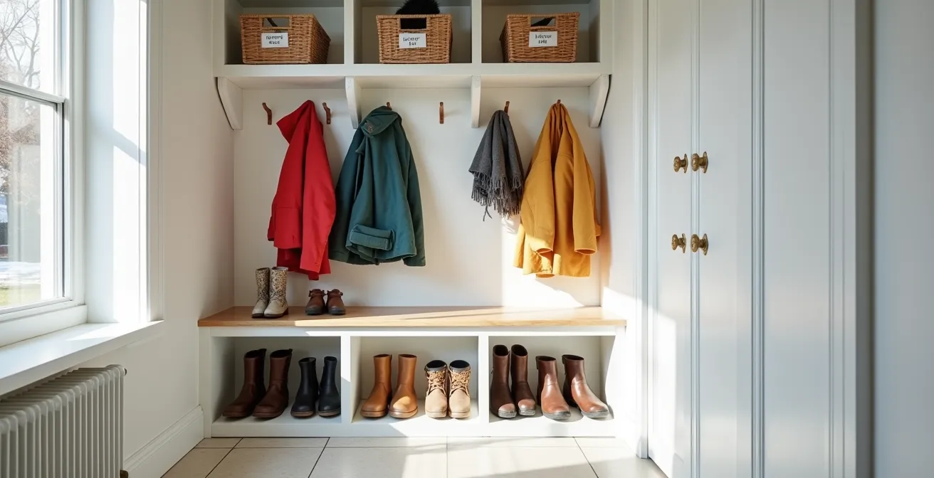 Un garde-robe d'entrée typiquement québécois parfaitement organisé avec bottes, manteaux et accessoires d'hiver