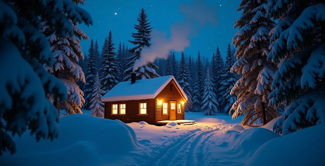 Une cabane québécoise traditionnelle nichée dans une forêt enneigée avec une lumière chaleureuse émanant des fenêtres