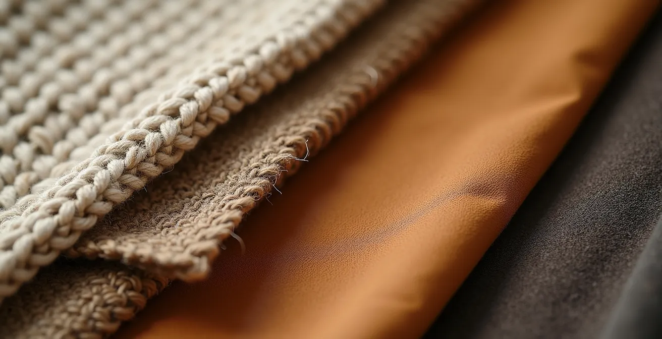 Composition macro de textures de vêtements et accessoires québécois avec détails de matières naturelles