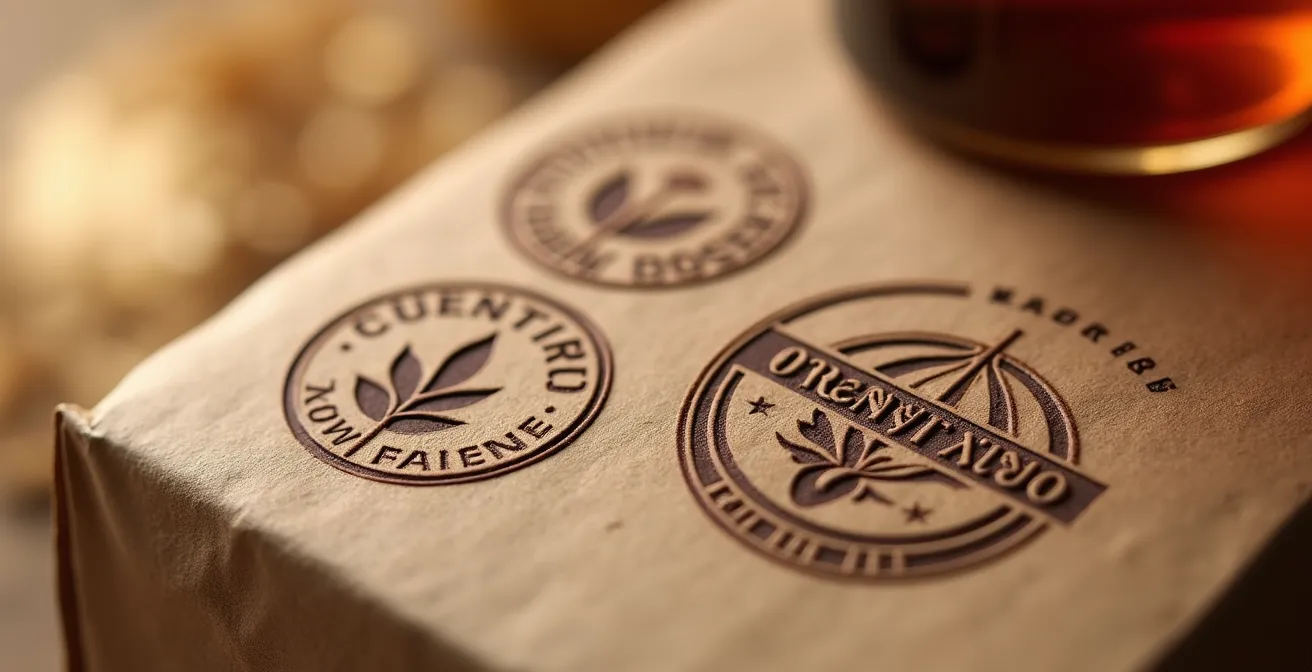 Gros plan sur des sceaux de certification bio apposés sur des flacons de cosmétiques naturels