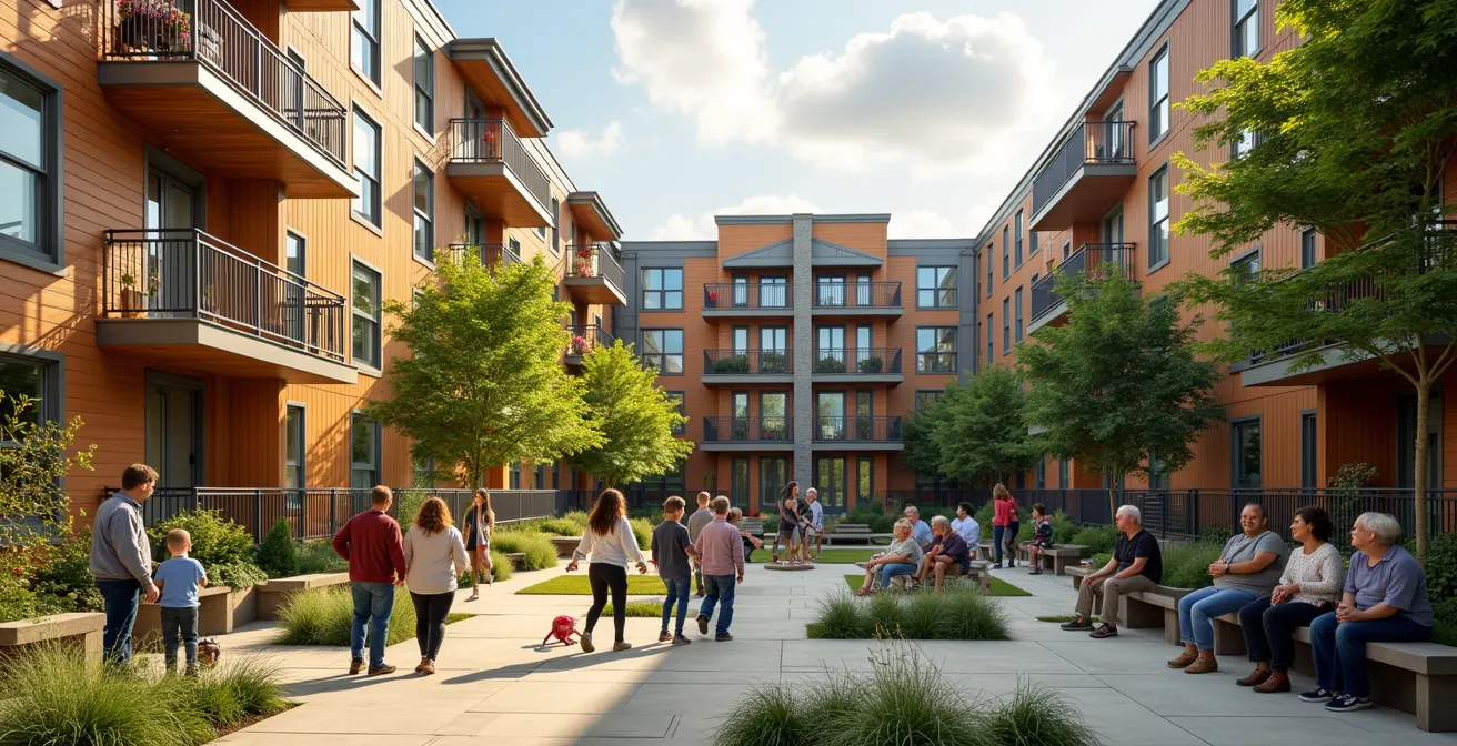 Ensemble de logements sociaux et condos intégrés dans un écoquartier avec espaces communautaires