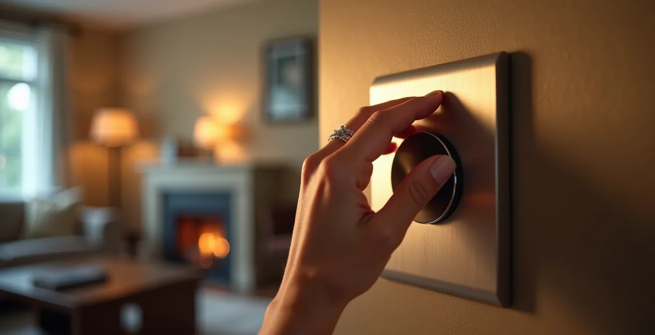 Main ajustant un variateur rotatif moderne dans un salon québécois au crépuscule.