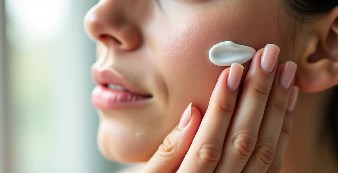 Gros plan de mains appliquant délicatement une crème sur le visage avec concentration