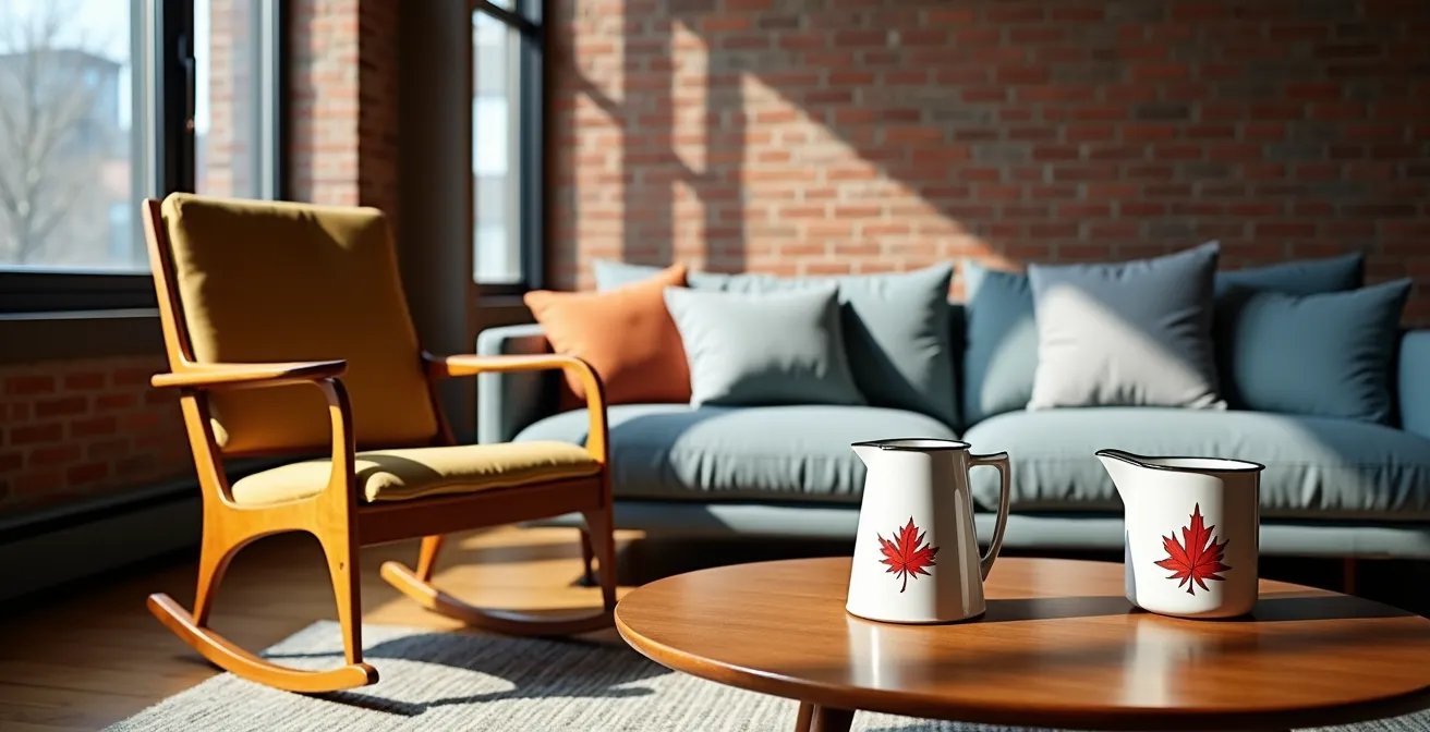 Salon québécois mélangeant mobilier vintage Canadiana et design contemporain