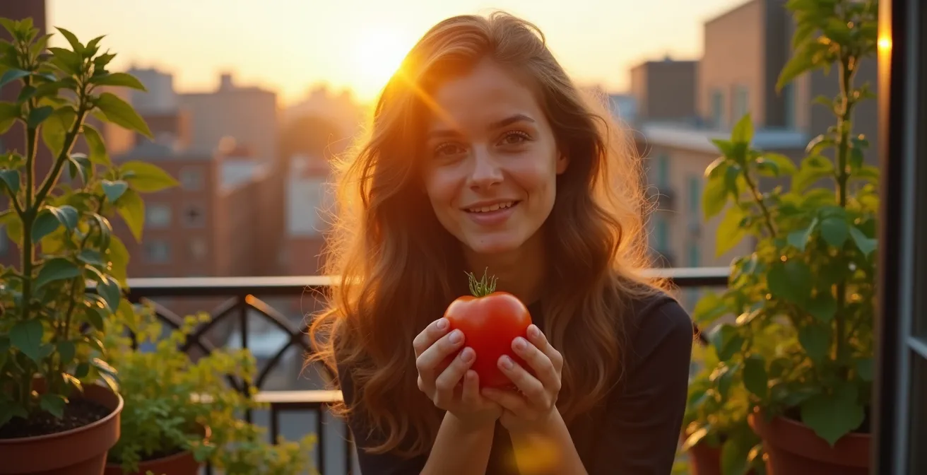 Personne contemplant avec émerveillement sa première récolte de tomates sur un balcon urbain