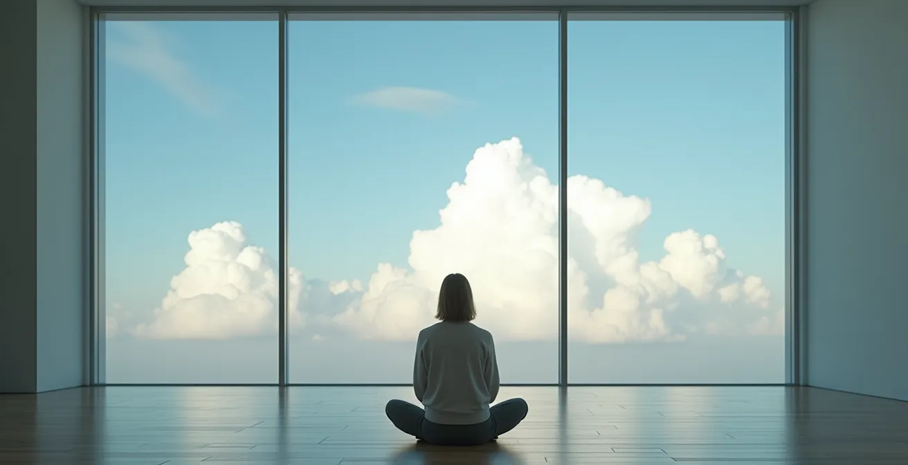 Vue contemplative d'une personne observant des nuages depuis une fenêtre, symbolisant l'observation détachée des pensées