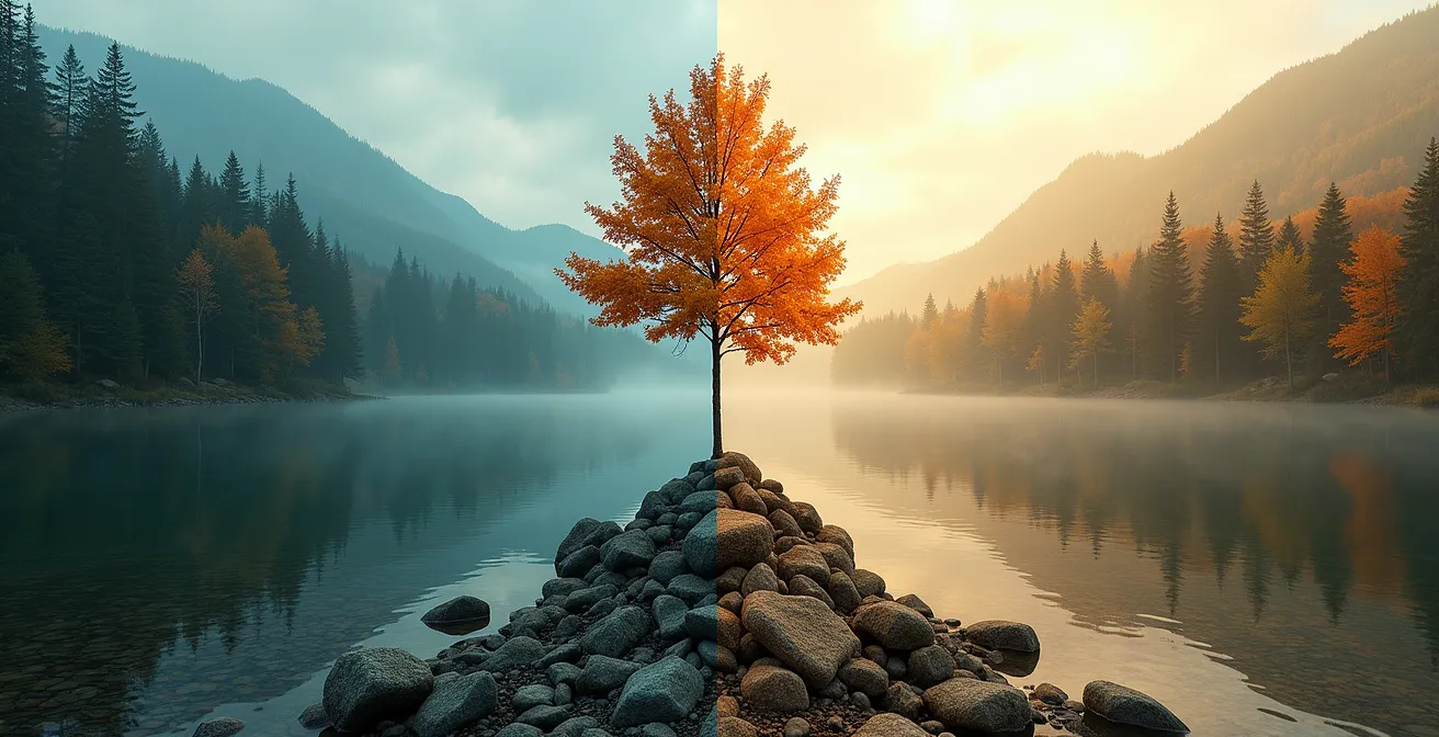 Contraste visuel entre la nature sauvage canadienne et l'exploitation des ressources, illustrant la dissonance cognitive.