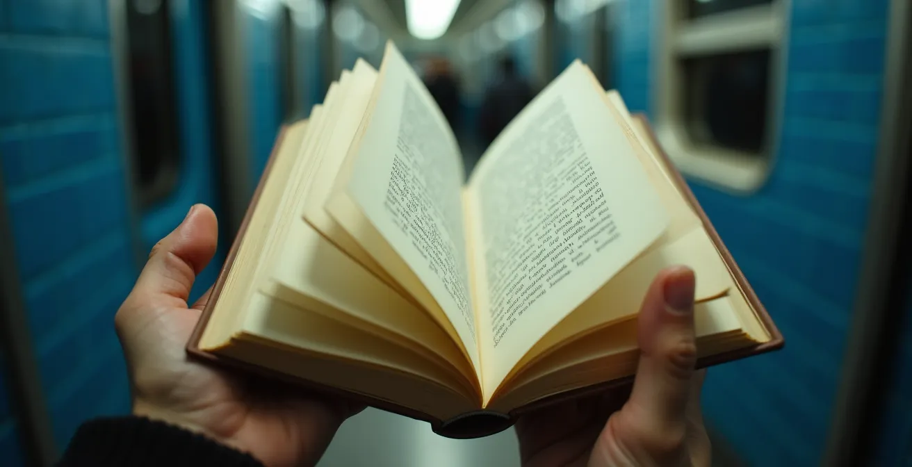 Femme détendue lisant un livre dans le métro de Montréal avec l'architecture caractéristique en arrière-plan