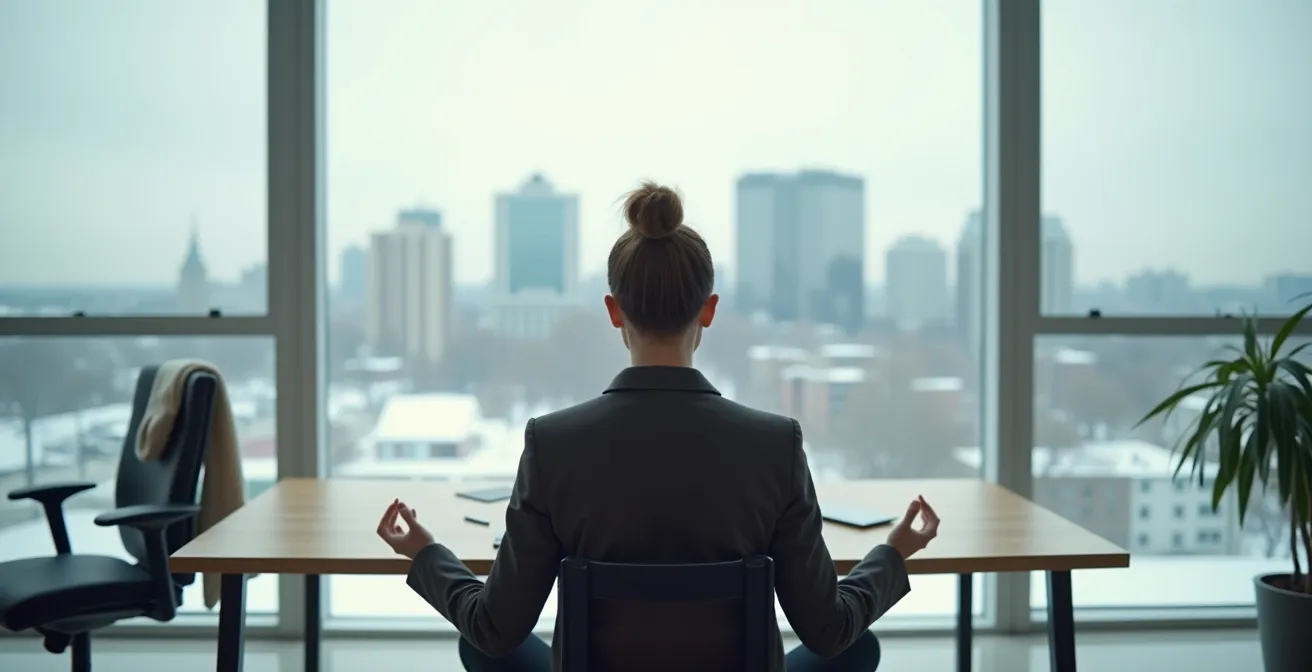 Personne pratiquant la cohérence cardiaque dans un environnement de bureau québécois