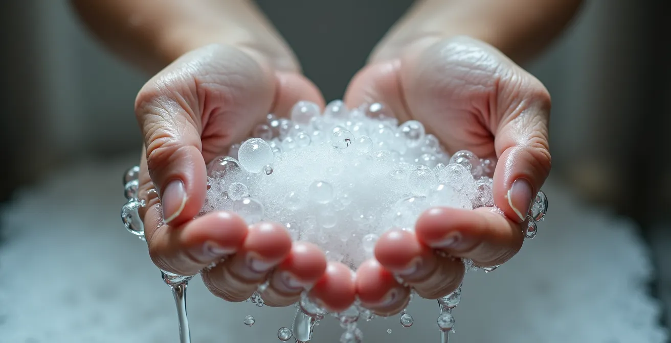 Gros plan sur des mains sous l'eau savonneuse, captant la texture et les reflets de lumière