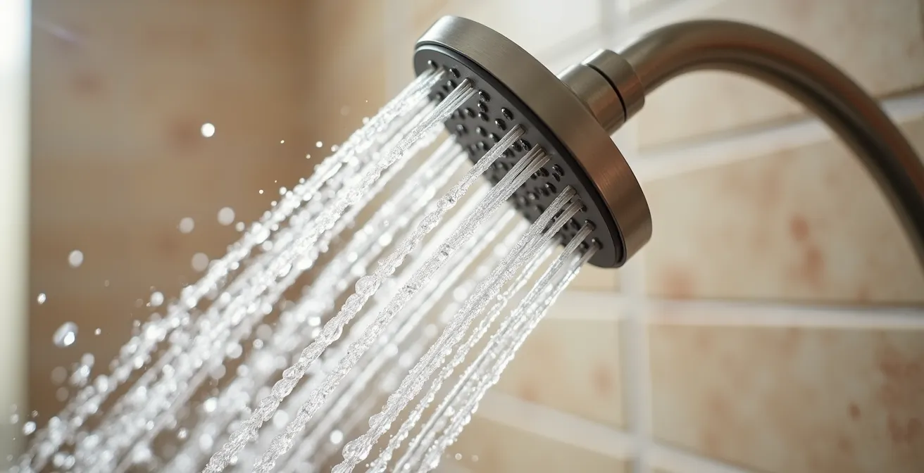 Détail macro d'un pommeau de douche moderne avec jets d'eau en action