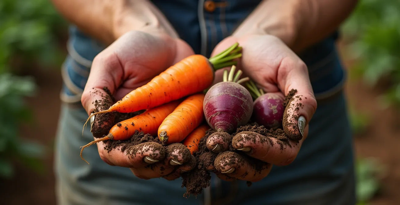 Gros plan macro sur des mains tenant des légumes-racines terreux avec texture naturelle visible