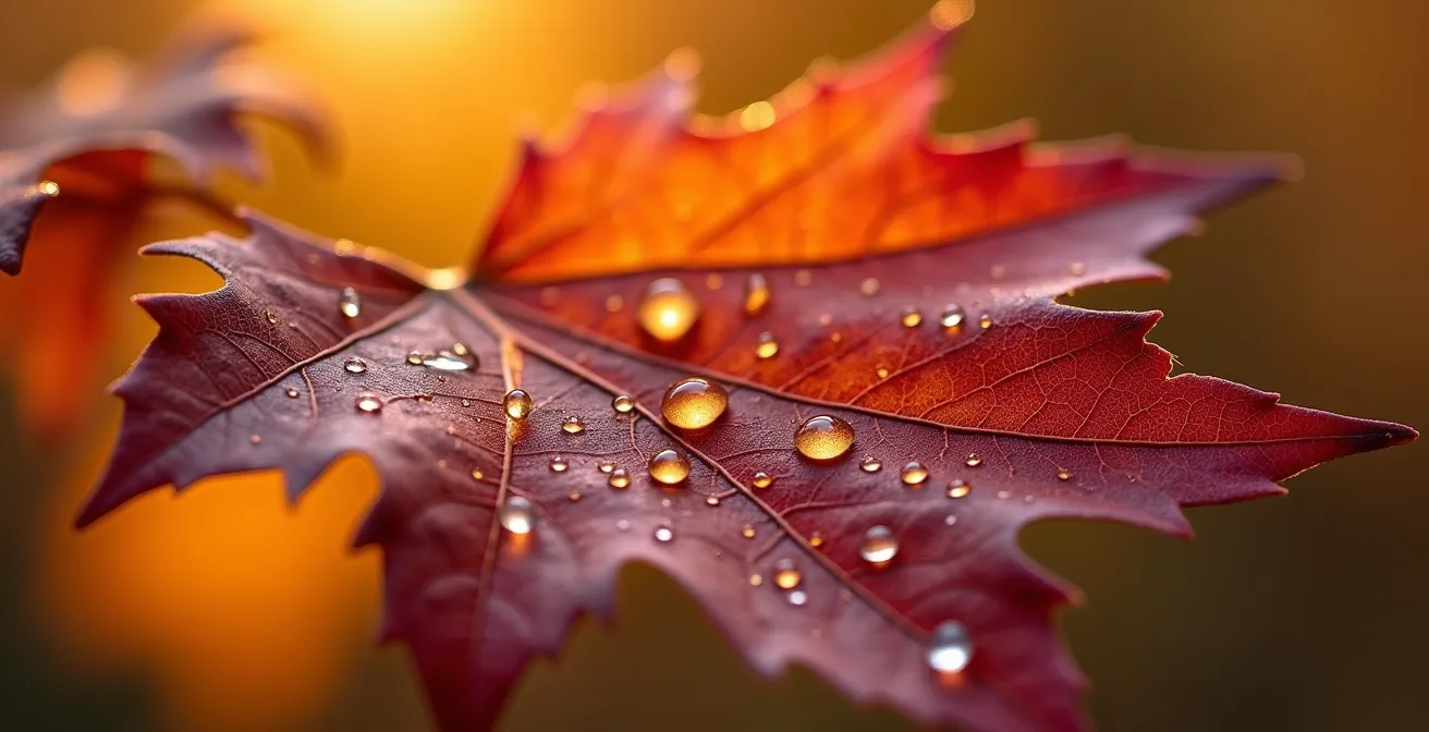 Vue macro d'une feuille d'érable aux nervures détaillées avec des gouttes de rosée reflétant la lumière