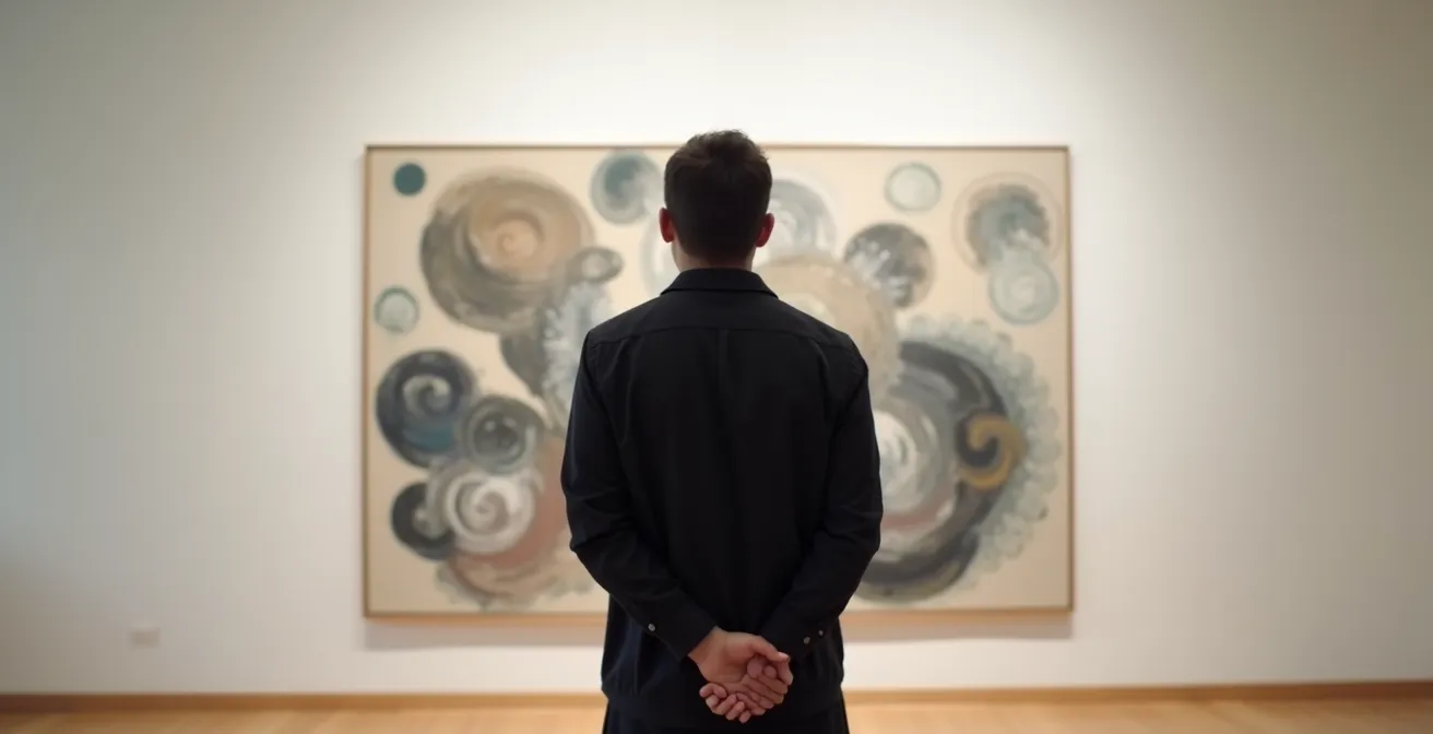 Personne contemplant une œuvre abstraite dans un espace épuré de galerie