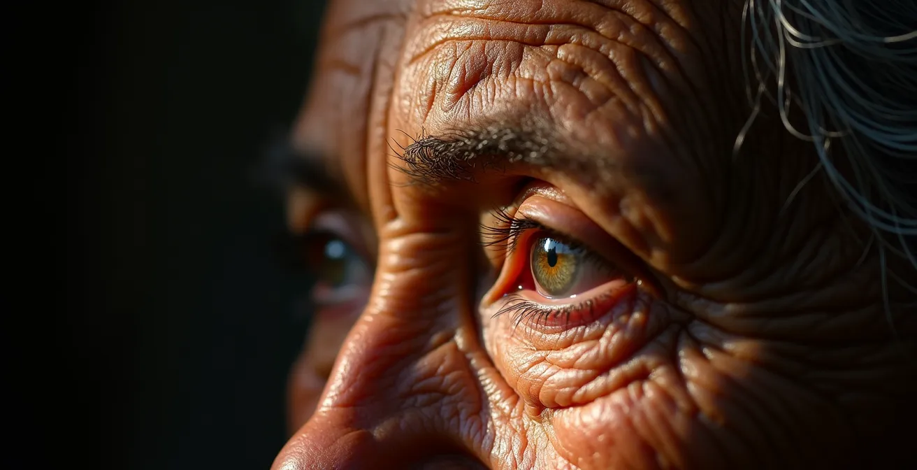 Gros plan sur le visage d'une aînée des Premières Nations du Canada montrant ses rides comme une carte de sagesse
