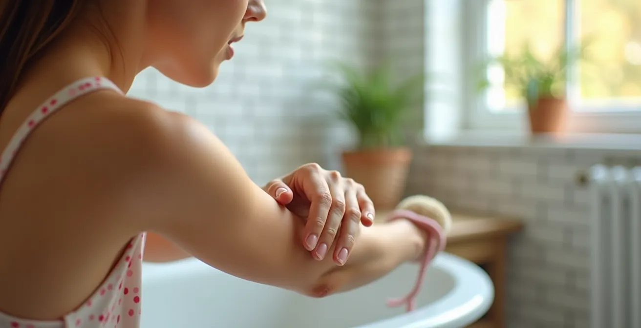 Vue large d'une personne pratiquant le brossage à sec dans une salle de bain lumineuse