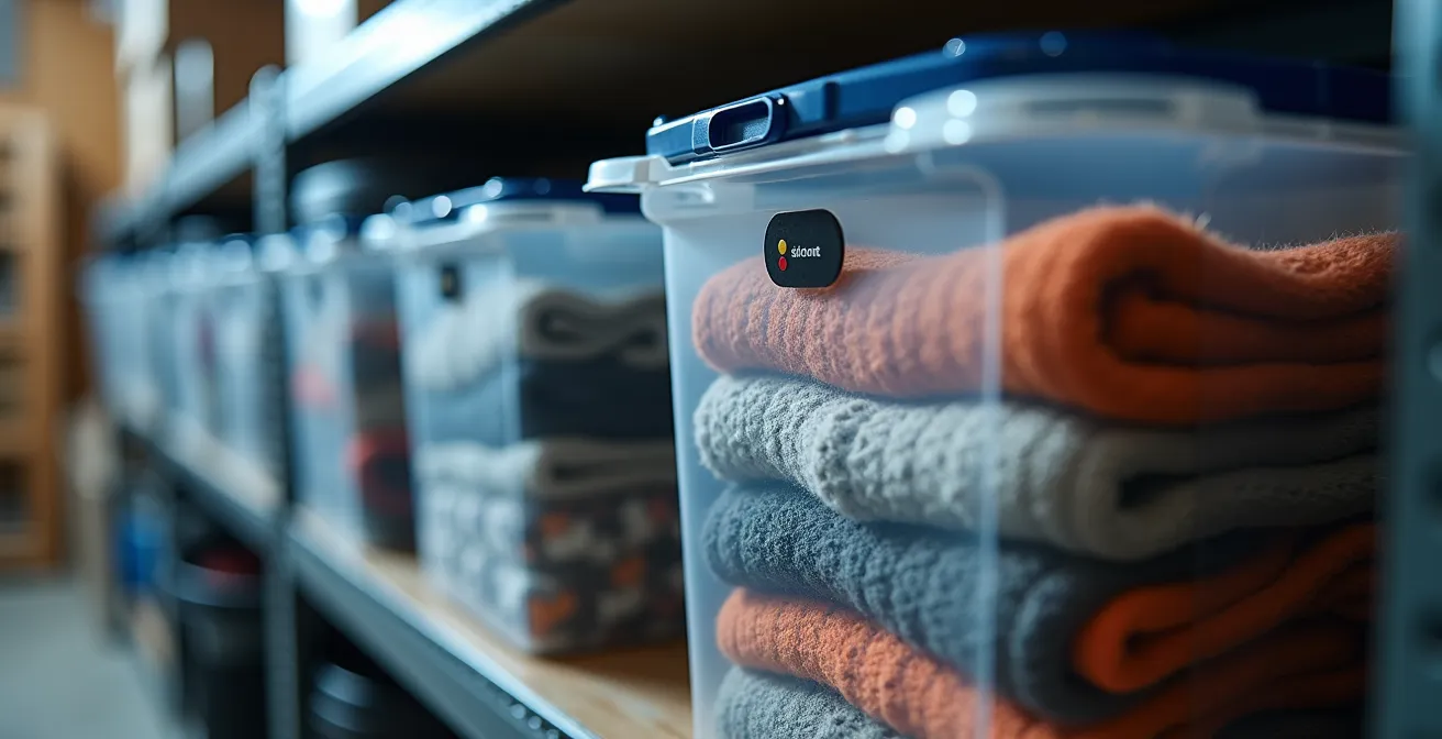 Un sous-sol québécois transformé en espace de rangement fonctionnel avec étagères métalliques et bacs transparents étiquetés