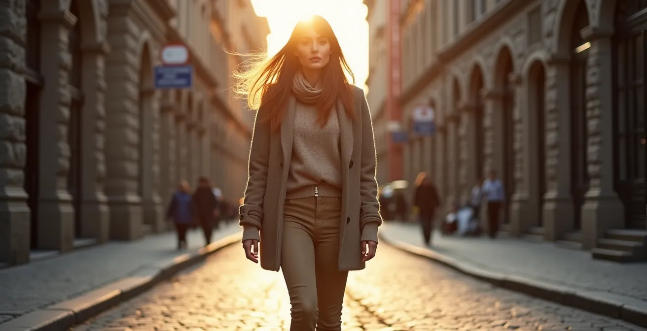 Jeune personne portant des vêtements de créateurs québécois dans une rue pavée du Vieux-Montréal