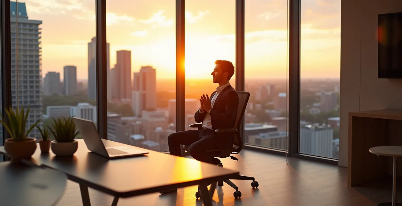 Personne pratiquant la respiration carrée dans un bureau moderne avec vue sur Montréal