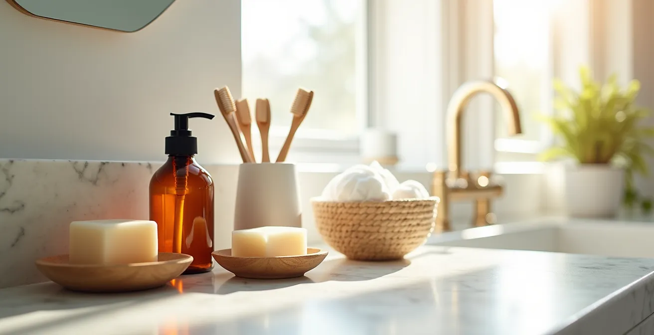 Vue d'ensemble d'une salle de bain épurée avec produits cosmétiques bio et accessoires durables