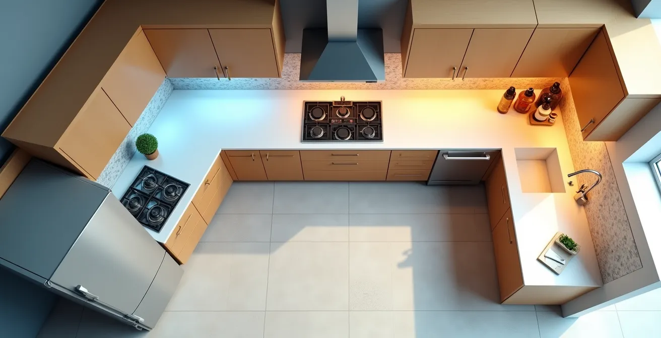Vue aérienne d'une cuisine en L montrant le triangle d'activité avec zones de stockage, lavage et cuisson clairement délimitées