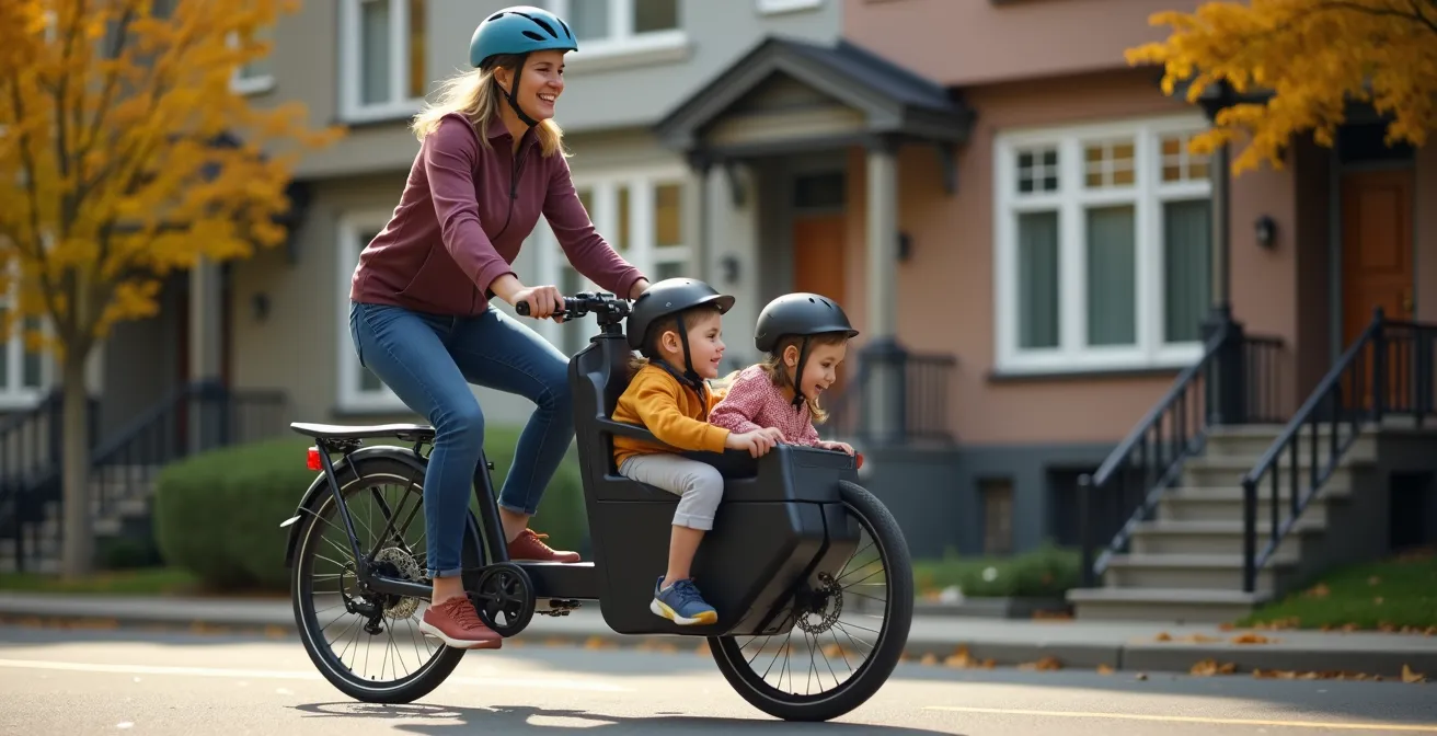 Famille québécoise transportant deux enfants dans un vélo cargo électrique dans une rue résidentielle de Villeray